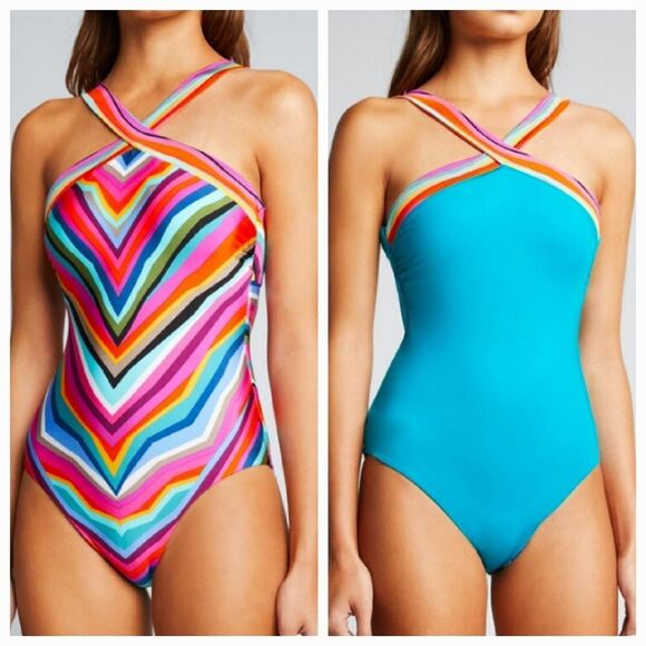 Trina Turk Women's Louvre Reversible High Neck One Piece Swimsuit Size 8 - Picture 1 of 16